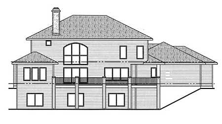 House plan exterior drawing showing a multi-story home with a prominent arched window, deck, and varied rooflines.