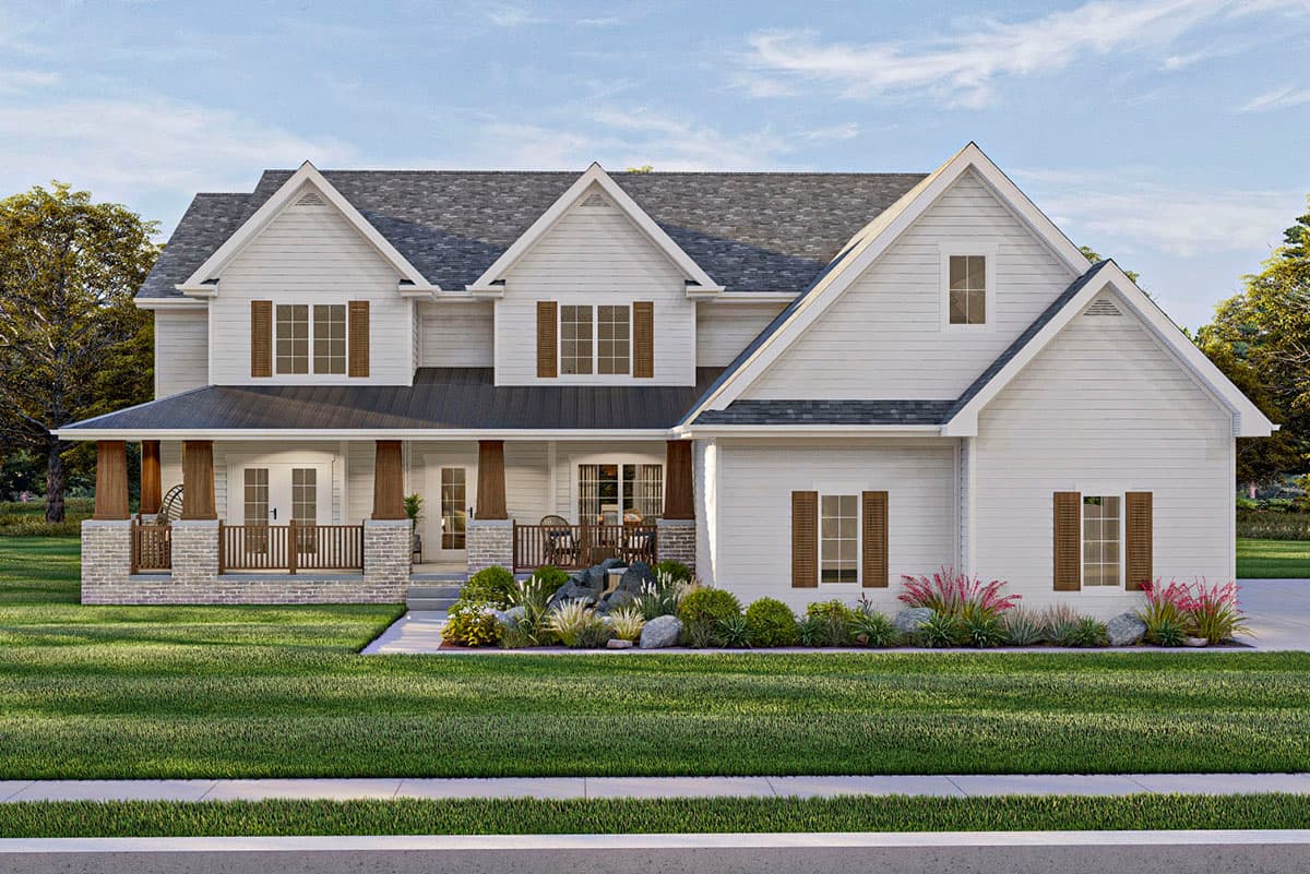 Two-story house plan exterior with a farmhouse style. Features include a front porch with wooden columns and a gable roof with multiple dormers.
