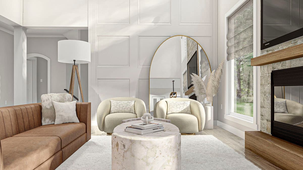 Living room with tufted sofa, boucle chairs, stone coffee table, fireplace, and large window. Paneled walls and arched doorway.