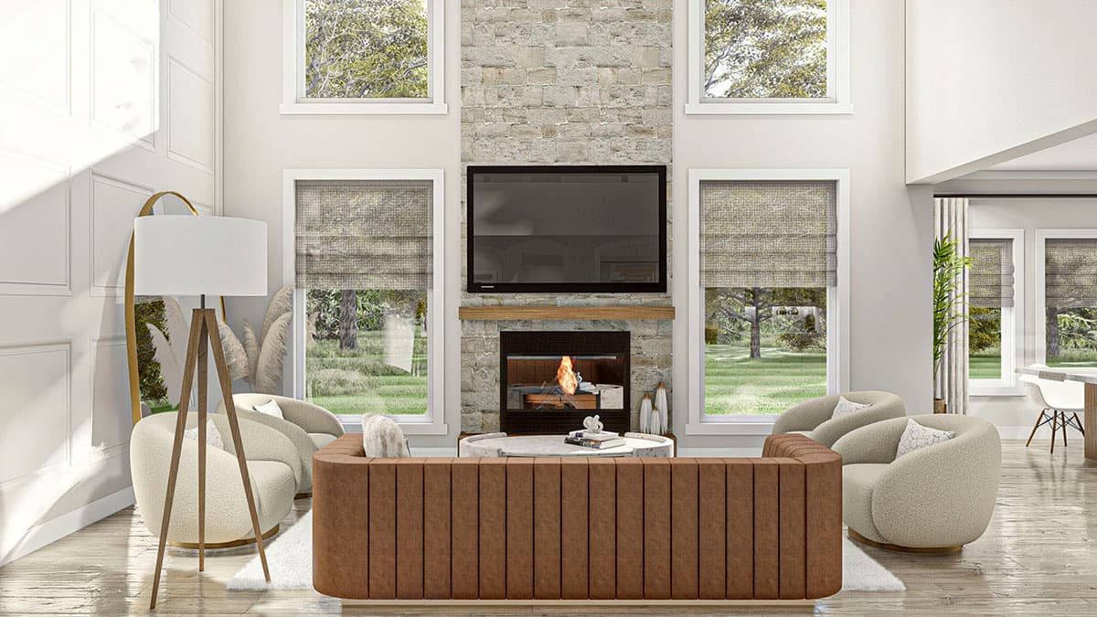Living room interior with stone fireplace, mounted television, and a modern sectional sofa.