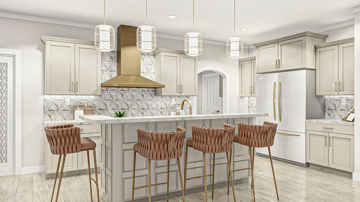 Kitchen interior rendering with island, neutral cabinets, brass range hood, and bar stools.