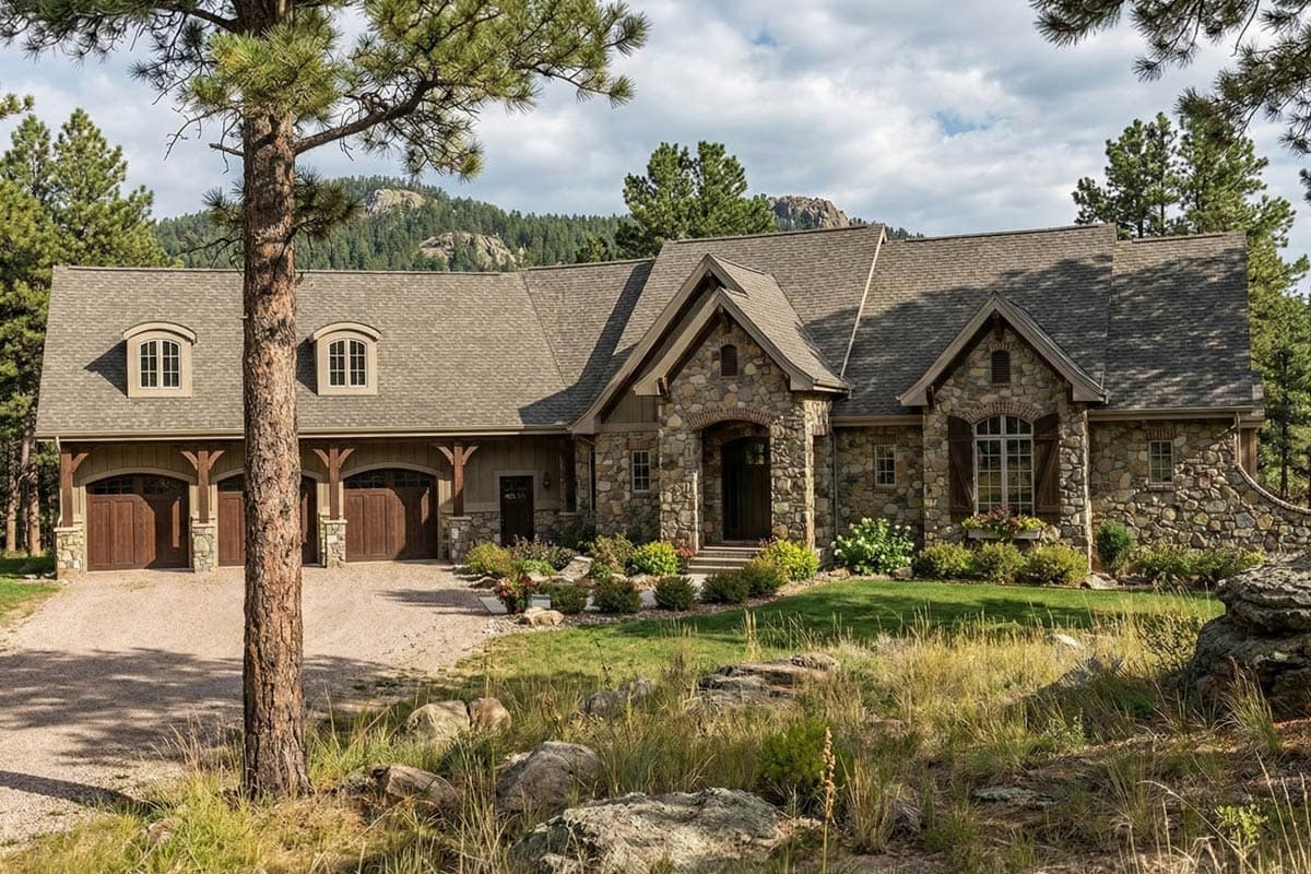 House plan exterior: Stone-clad home with three garage bays, dormers, and prominent gabled rooflines.