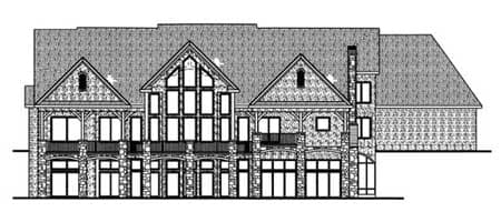House plan exterior: two-story design with stone facade, multiple gables, balconies, and large windows.