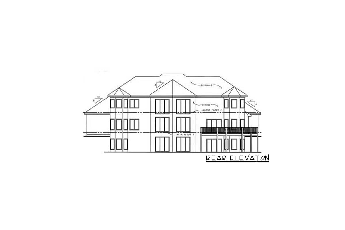 Rear elevation drawing of a two-story house with multiple windows, balconies, and a complex roofline.