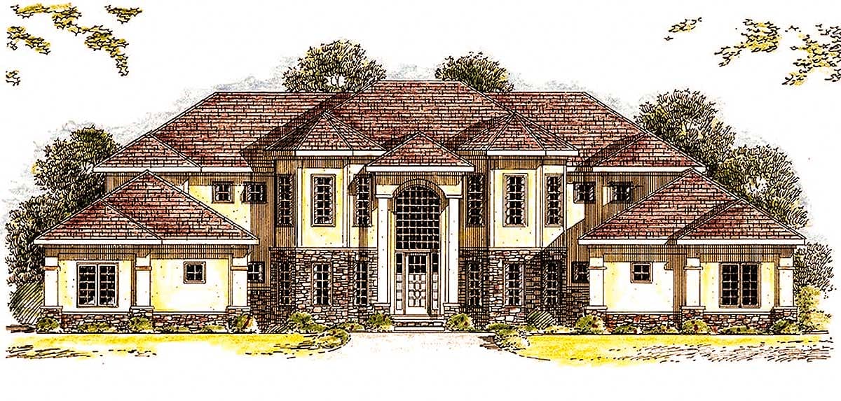 House plan exterior: two-story residence with prominent central arched entryway, stone accents, multiple gables, and hip roofs.