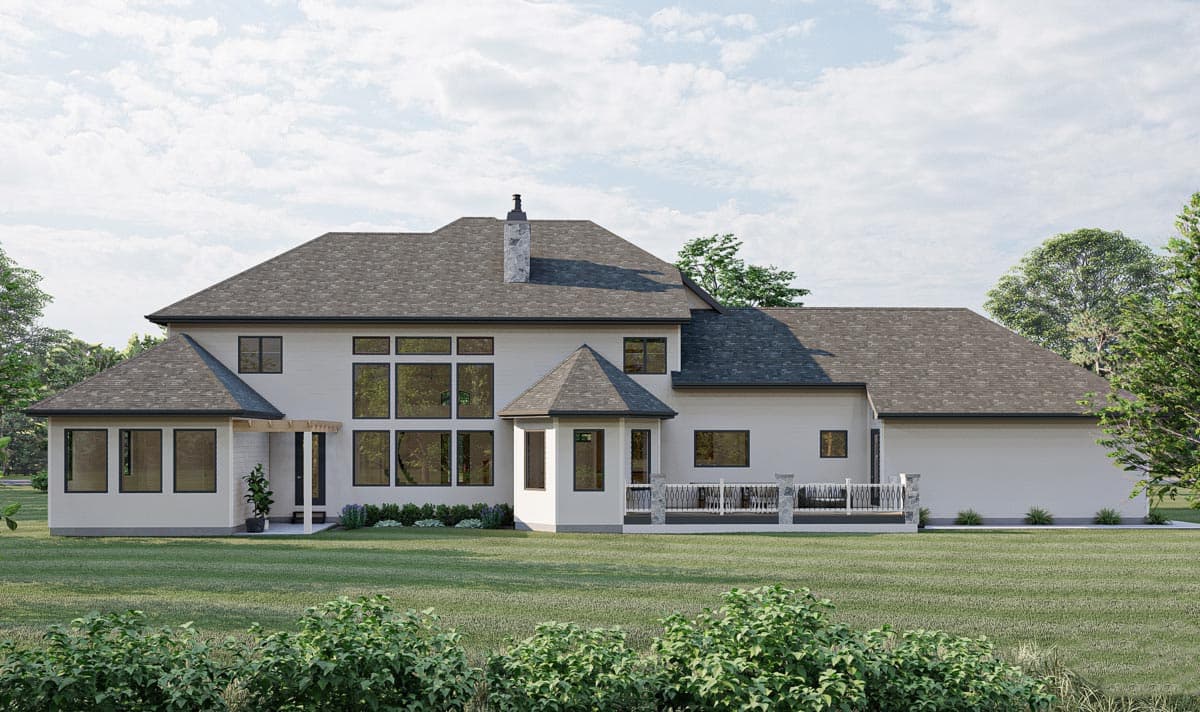 House plan exterior: Modern style, two stories, large window wall, prominent gable roofs, stone chimney, and deck.