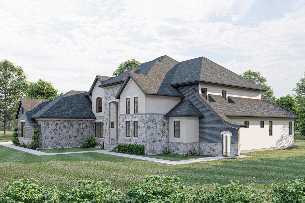 House plan exterior: Multi-story home with stone and stucco facade, asymmetrical rooflines, gables, and arched entryway.
