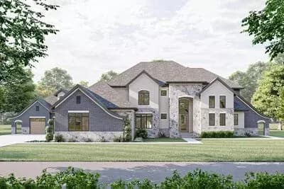 5-Bed House Plan with Sweeping Rooflines