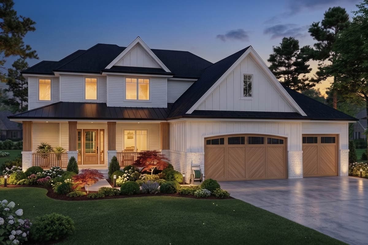 House plan exterior: Two-story home with covered entry porch, stone accents, gable rooflines, and attached three-car garage.