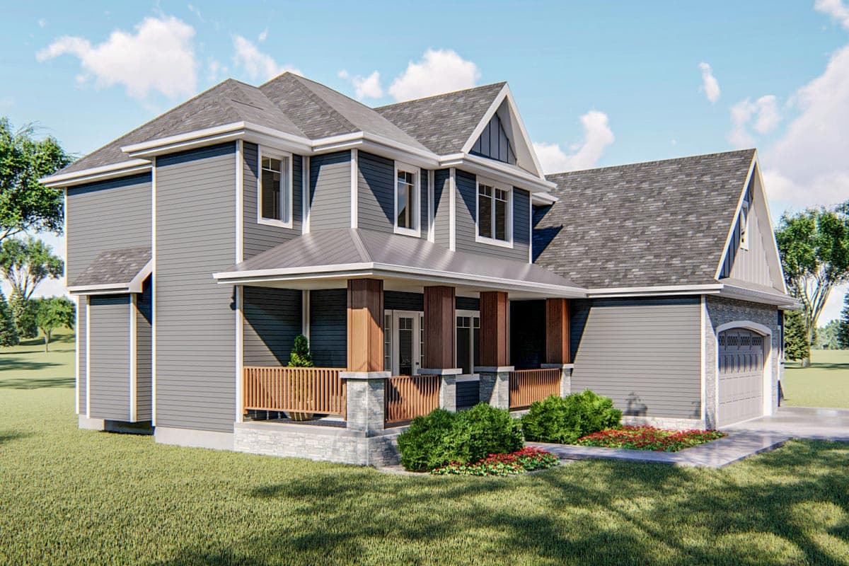 Modern two-story house plan exterior with a covered front porch featuring wooden columns, gabled dormers, and an attached garage.