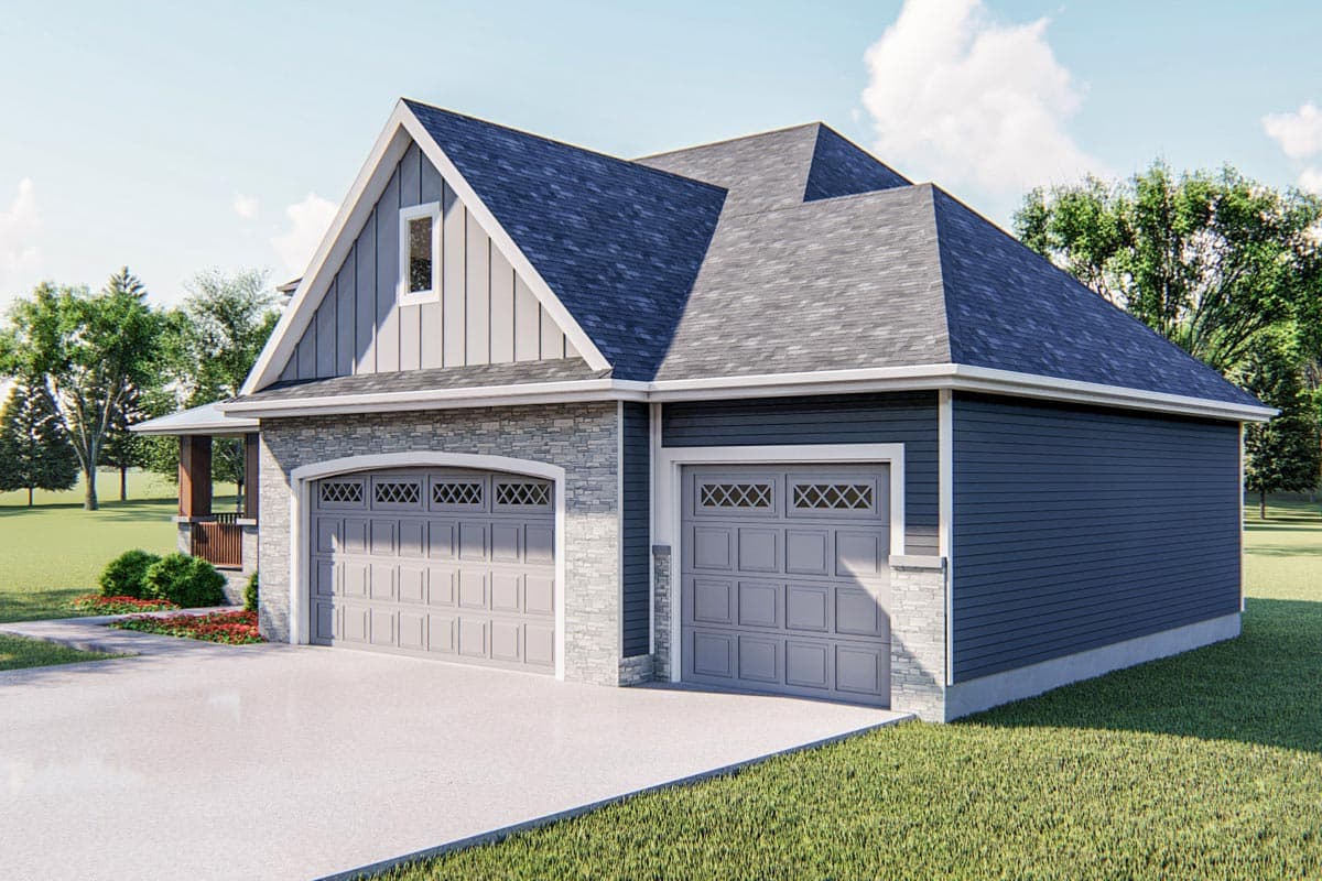 House plan exterior with two garage doors, stone and siding facade, gabled dormer, and covered porch.