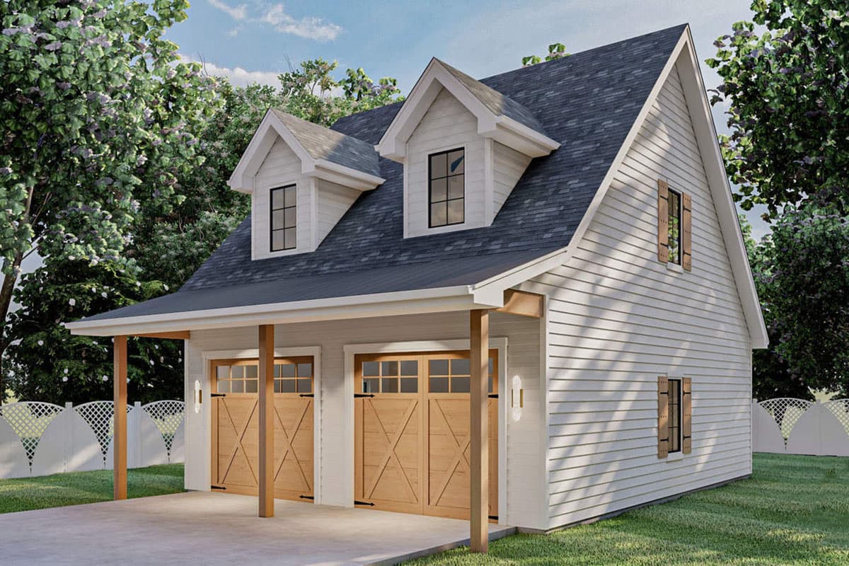 House plan exterior: A two-story Modern Farmhouse design featuring a two-car garage, dormer windows, and a covered entryway.