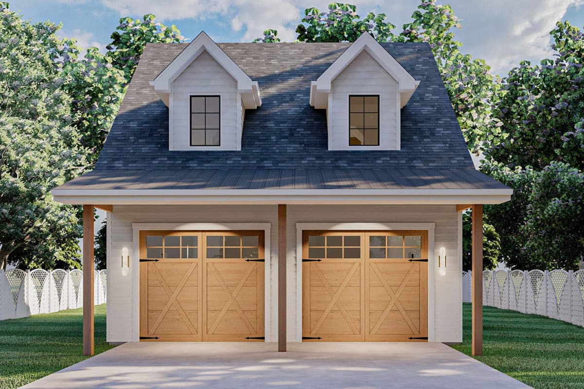 House plan exterior: Two-story structure with twin garage doors, gabled dormers, and visible rooflines.