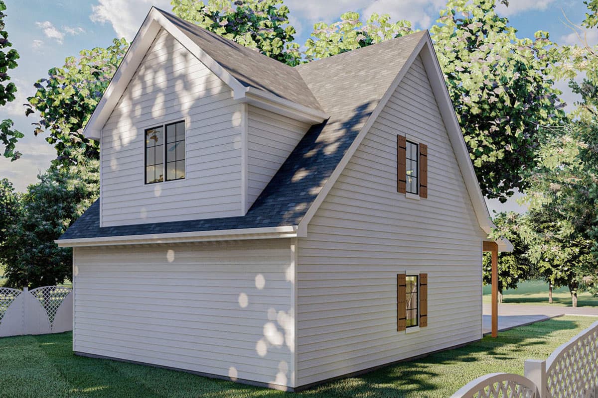 House plan exterior, two stories, gabled roof, dormer, and shutters on windows.