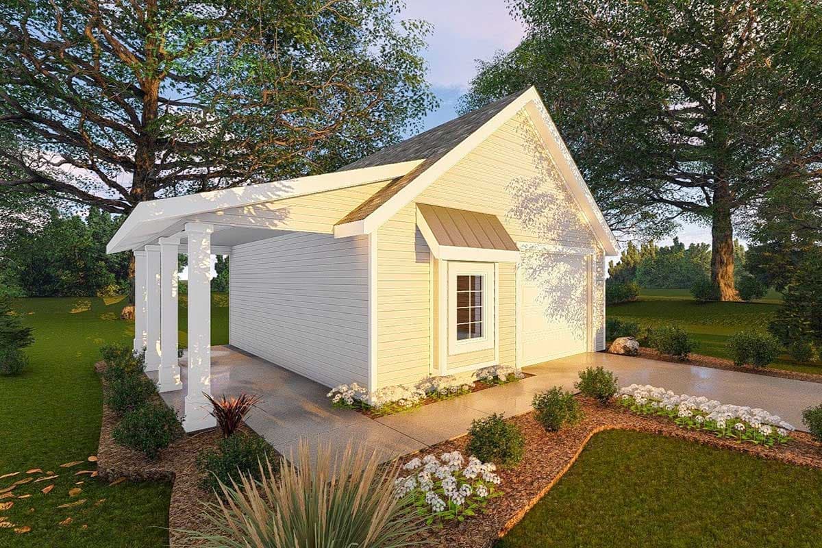House plan exterior view of a single-story modern farmhouse with a covered carport, gable roof, and garage.