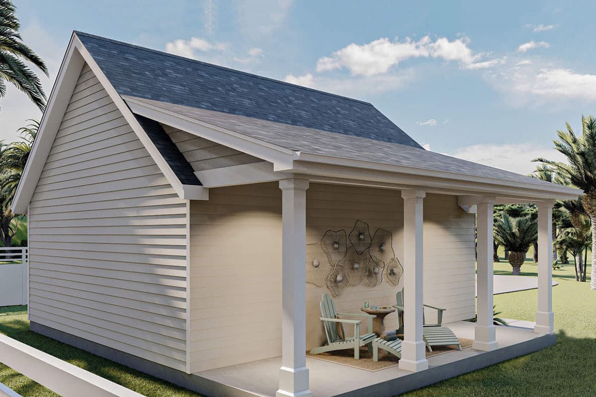 House plan exterior, one story, with gabled roof, horizontal siding, and a covered porch with square columns.