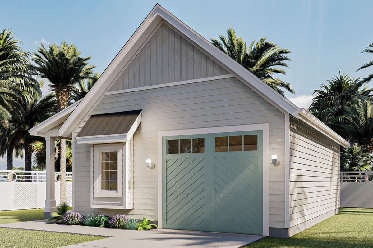House plan exterior: One-story Modern Farmhouse with gable roof, covered porch, and diagonal-paneled garage door.