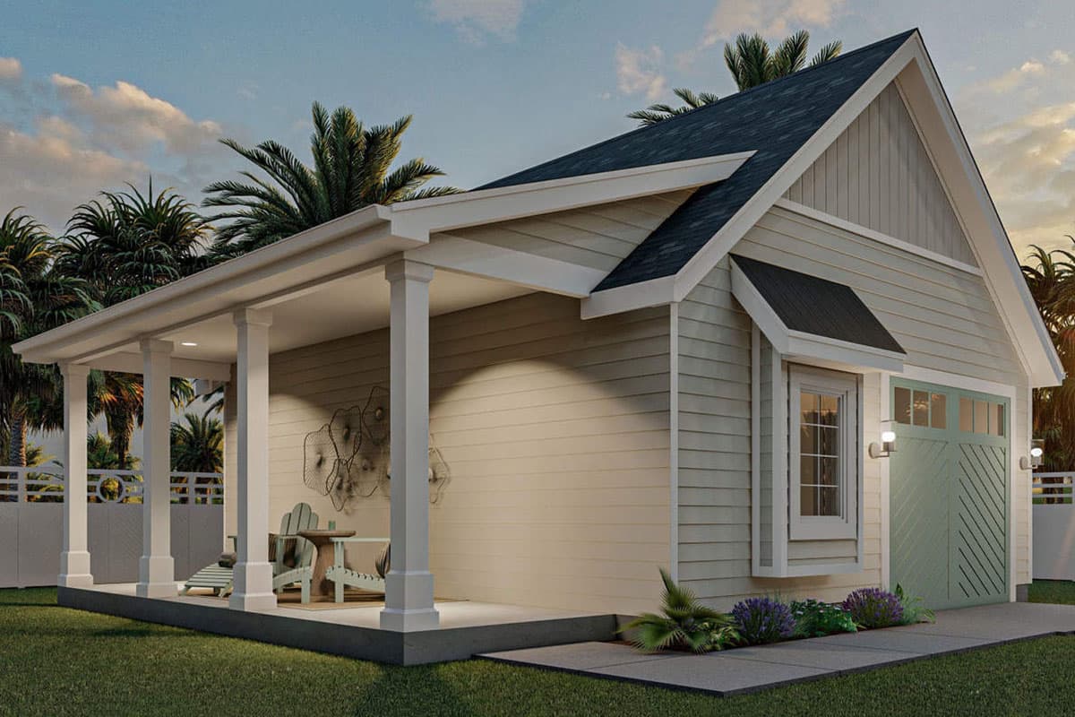 House plan exterior with a covered porch, gable roof, side-facing garage door, and a bay window.
