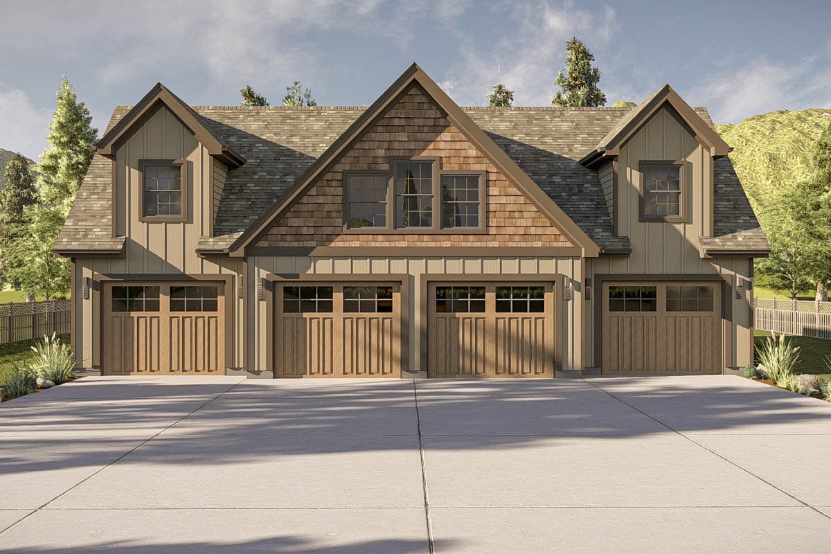 House plan exterior with four-car garage, shingle and board-and-batten siding, gables, and dormers.