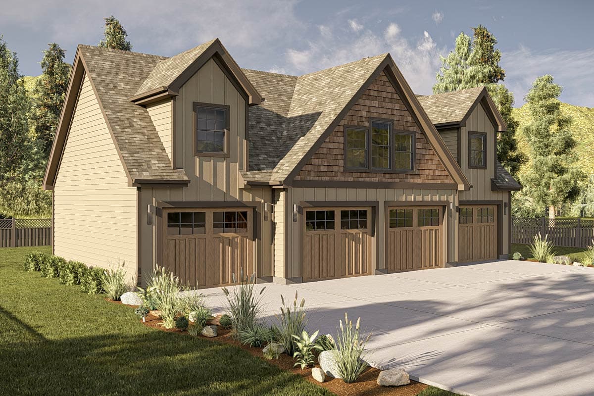 House plan exterior: Modern Farmhouse style, two stories, featuring a three-car garage, gable roofs, and varied siding.