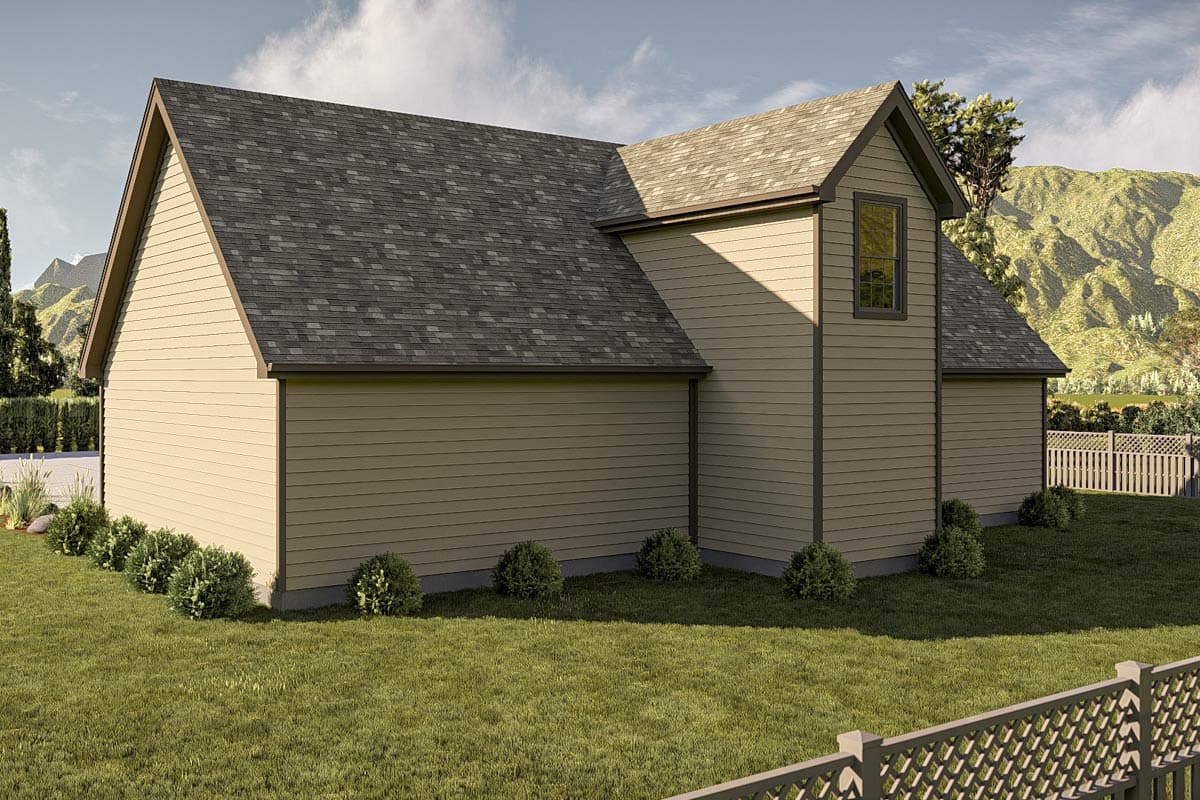 House plan exterior: tan vinyl siding, gabled roof, and one dormer window.