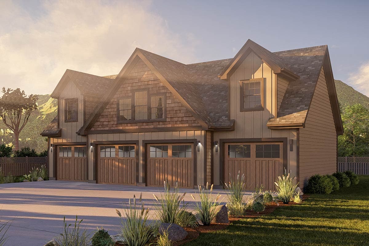 House plan exterior featuring a three-car garage with wood doors, dormer windows, and shingle and board-and-batten siding.