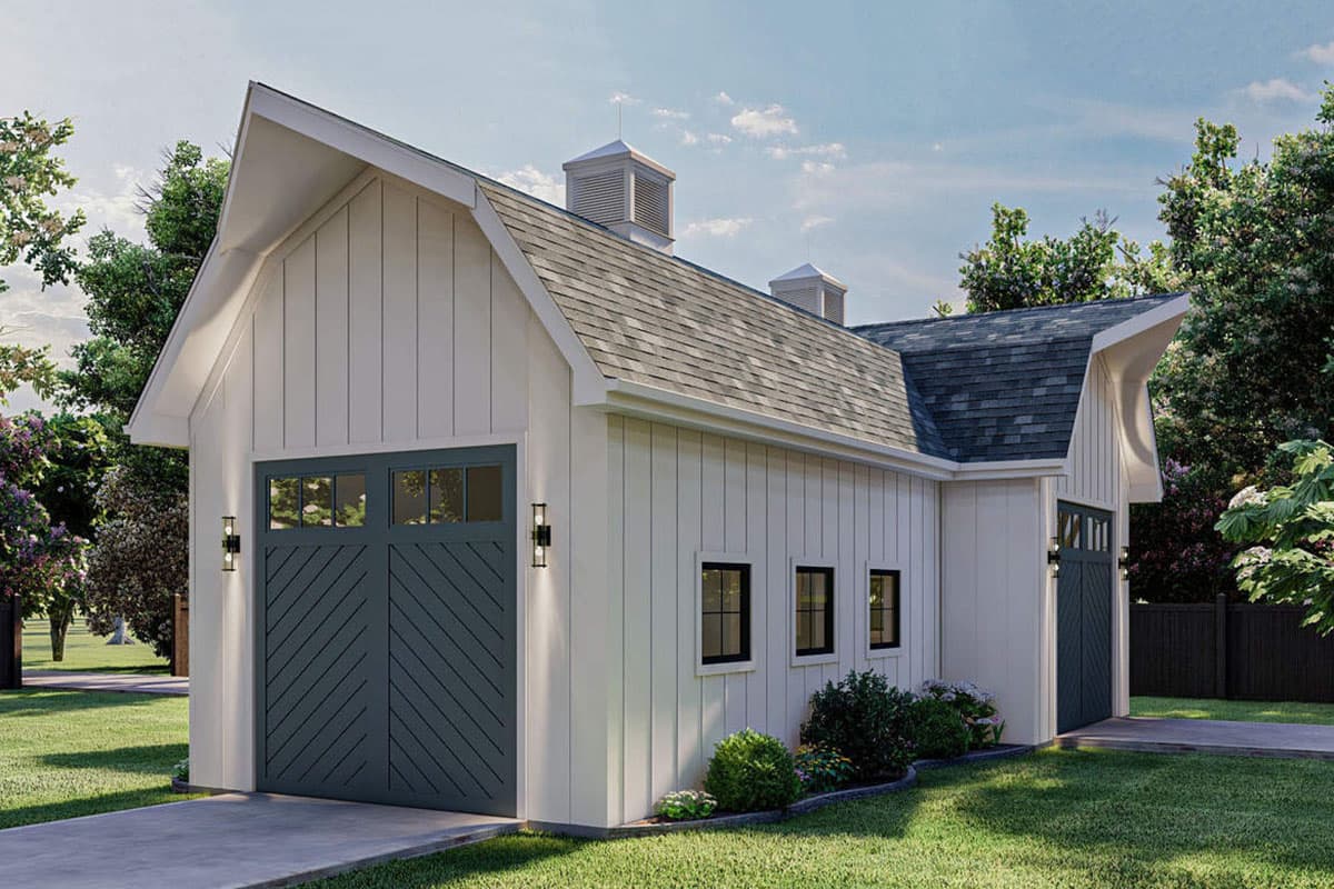 Modern Farmhouse garage plan exterior with vertical siding, gambrel rooflines, cupolas, and two garage doors.