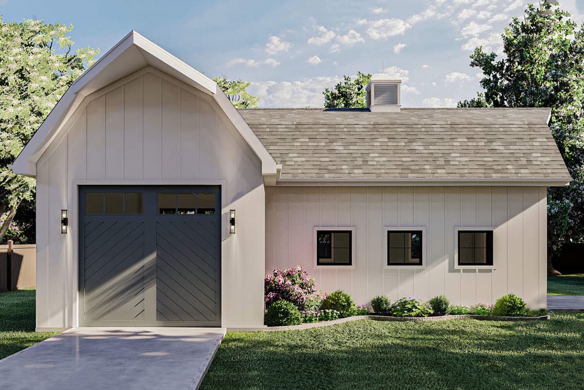 House plan exterior: Modern farmhouse style with a gambrel roof, board-and-batten siding, and a single garage door.