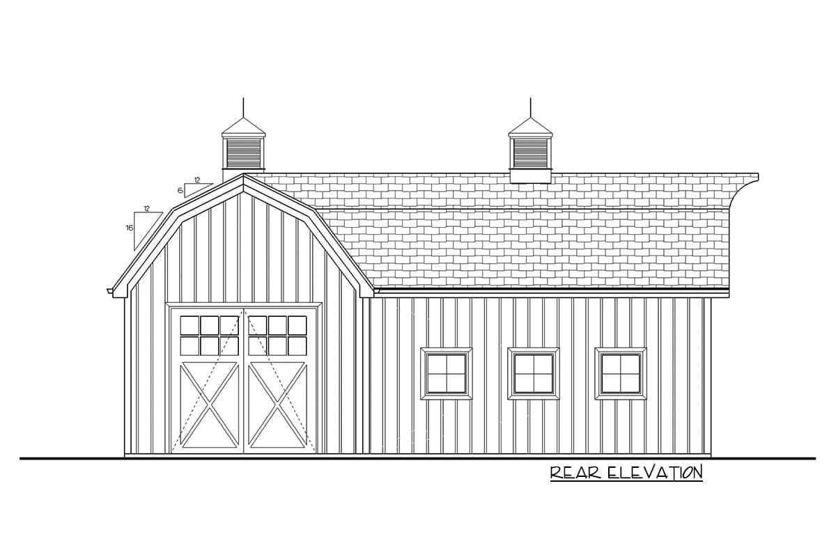 Barn style house plan rear elevation with gambrel roof, double barn doors, and three square windows.