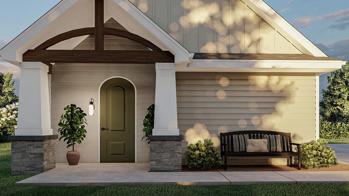 House plan exterior: Modern Farmhouse style with arched entry door, exposed wood beams, stone-clad porch supports, and horizontal siding.