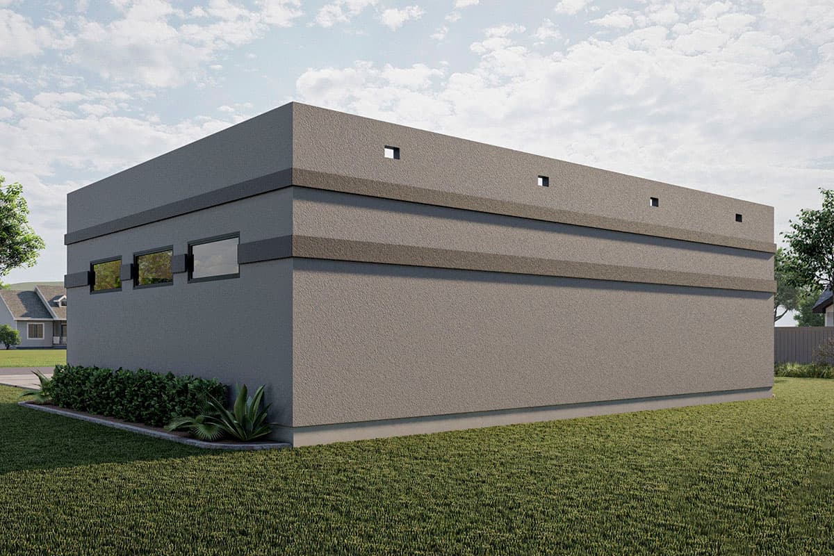 Modern house plan exterior with flat roof, stucco finish, horizontal band details, three side windows, and small upper ventilation squares.
