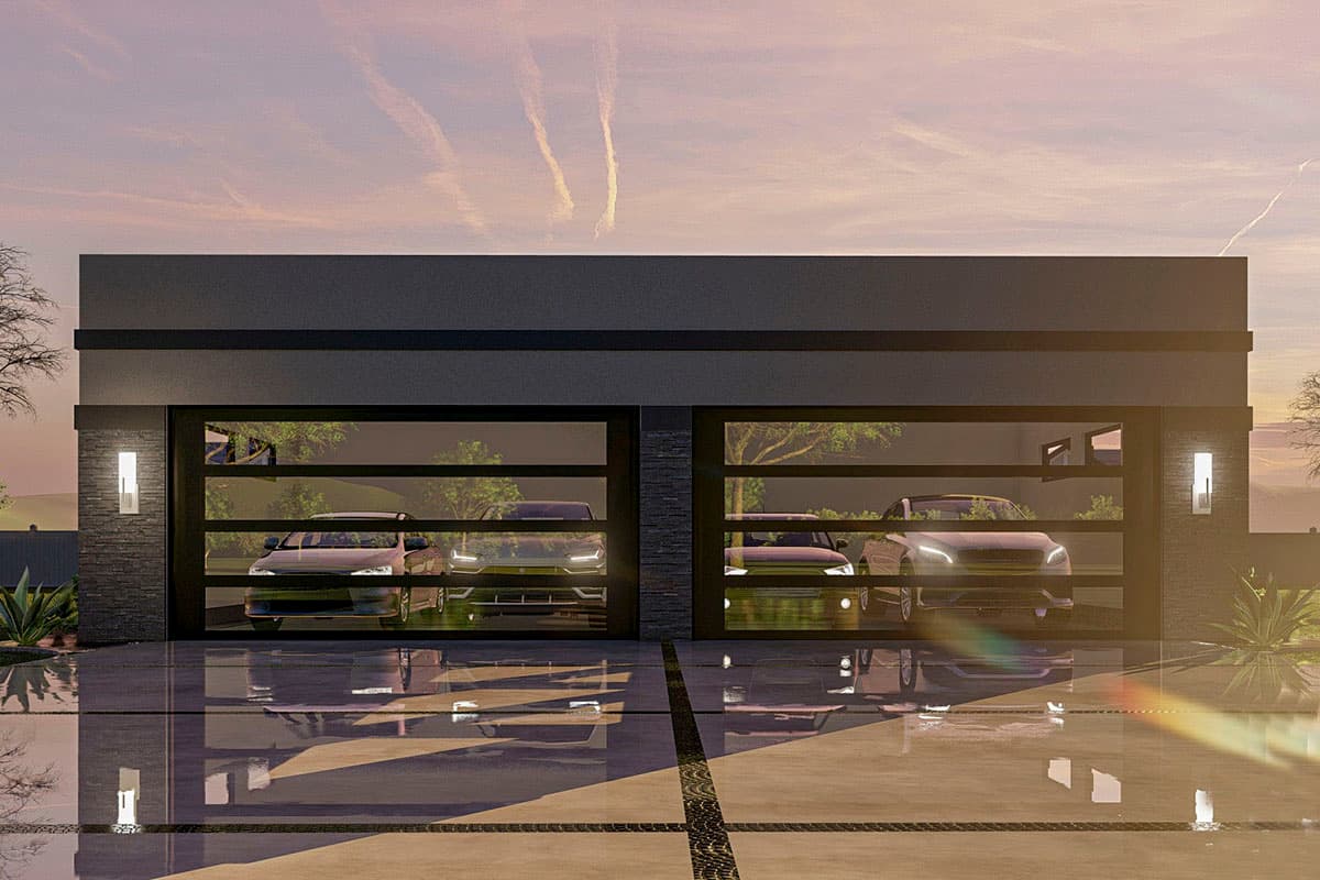 Modern house plan exterior featuring a 3-car garage with glass panel doors, stone accents, and contemporary exterior lighting.