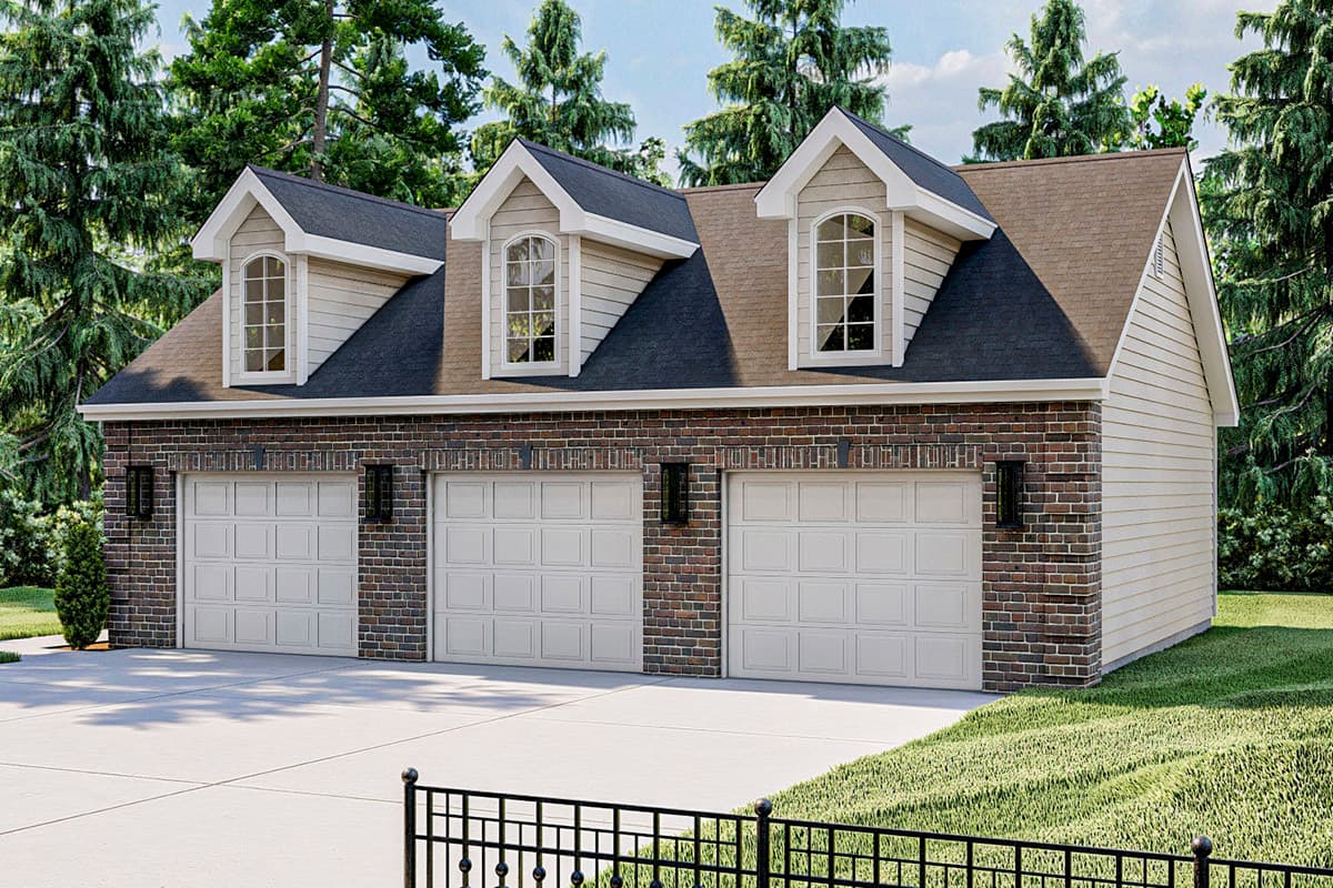 House plan exterior: Three-car garage with brick and vinyl siding, dormer windows, and dark trim.