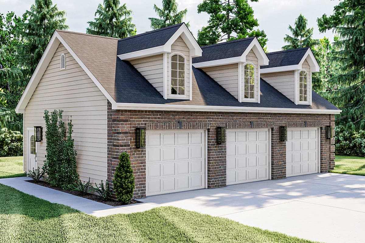 House plan exterior with a brick base, siding upper level, three garage bays, and arched dormer windows.