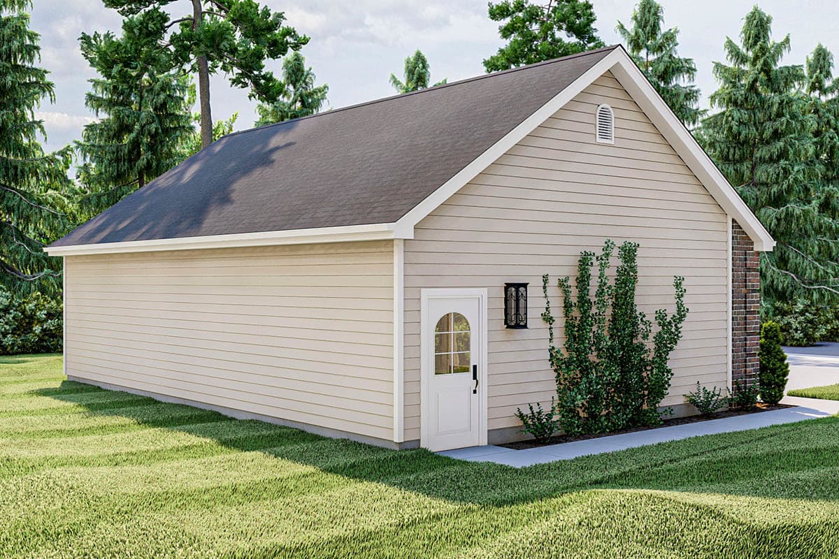 House plan exterior, one-story building with vinyl siding, gable roof, arched door, and dormer vent.