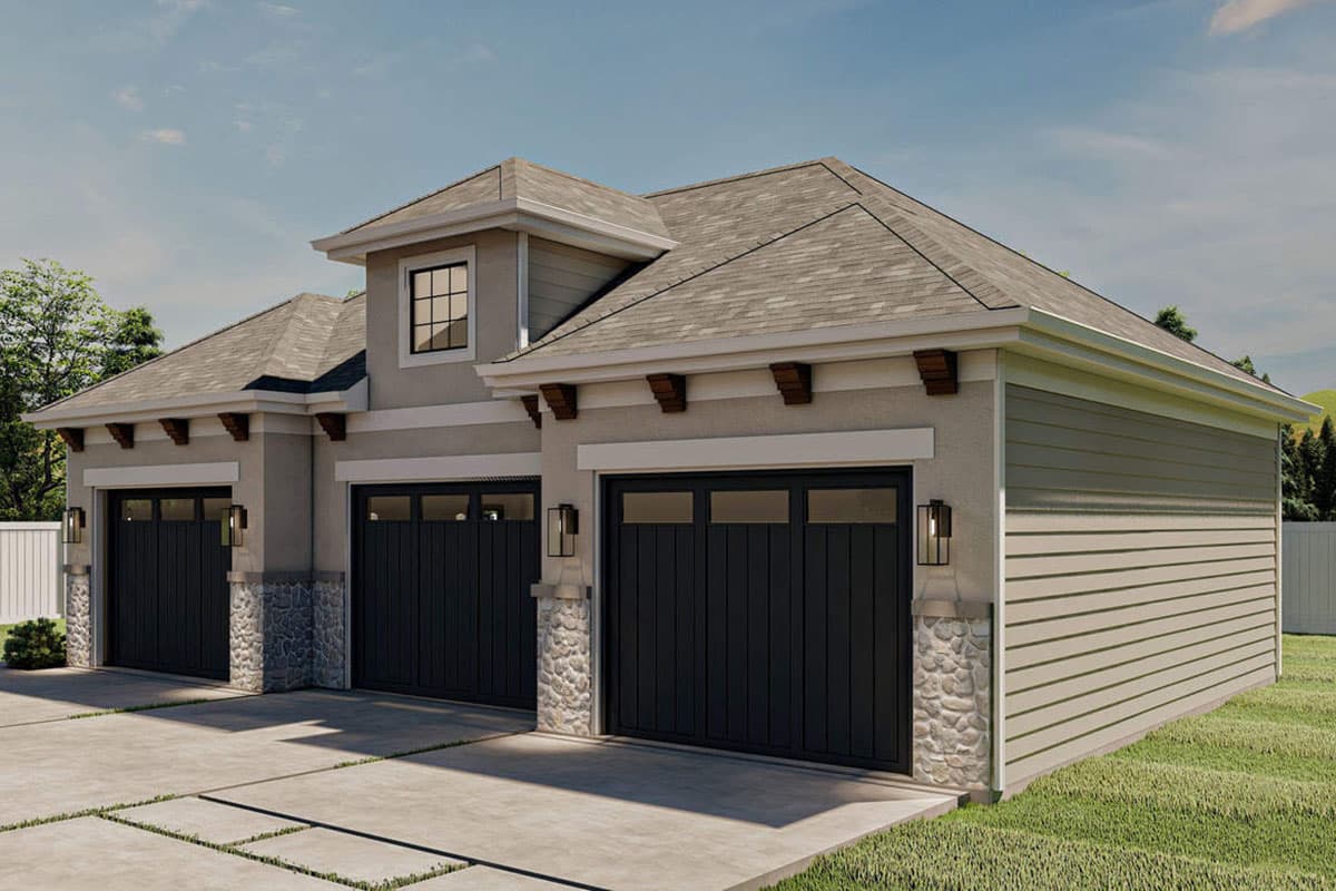 House plan exterior: Three-car garage with stone accents, a dormer window, and exposed rafter tails.