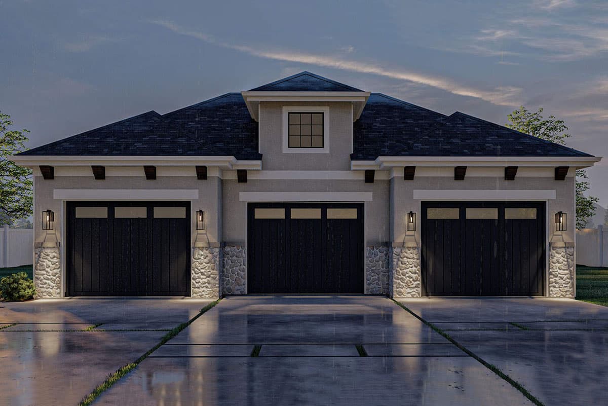 House plan exterior: Three-bay garage with stone bases, dark wood doors, exposed rafter tails, and a central dormer.