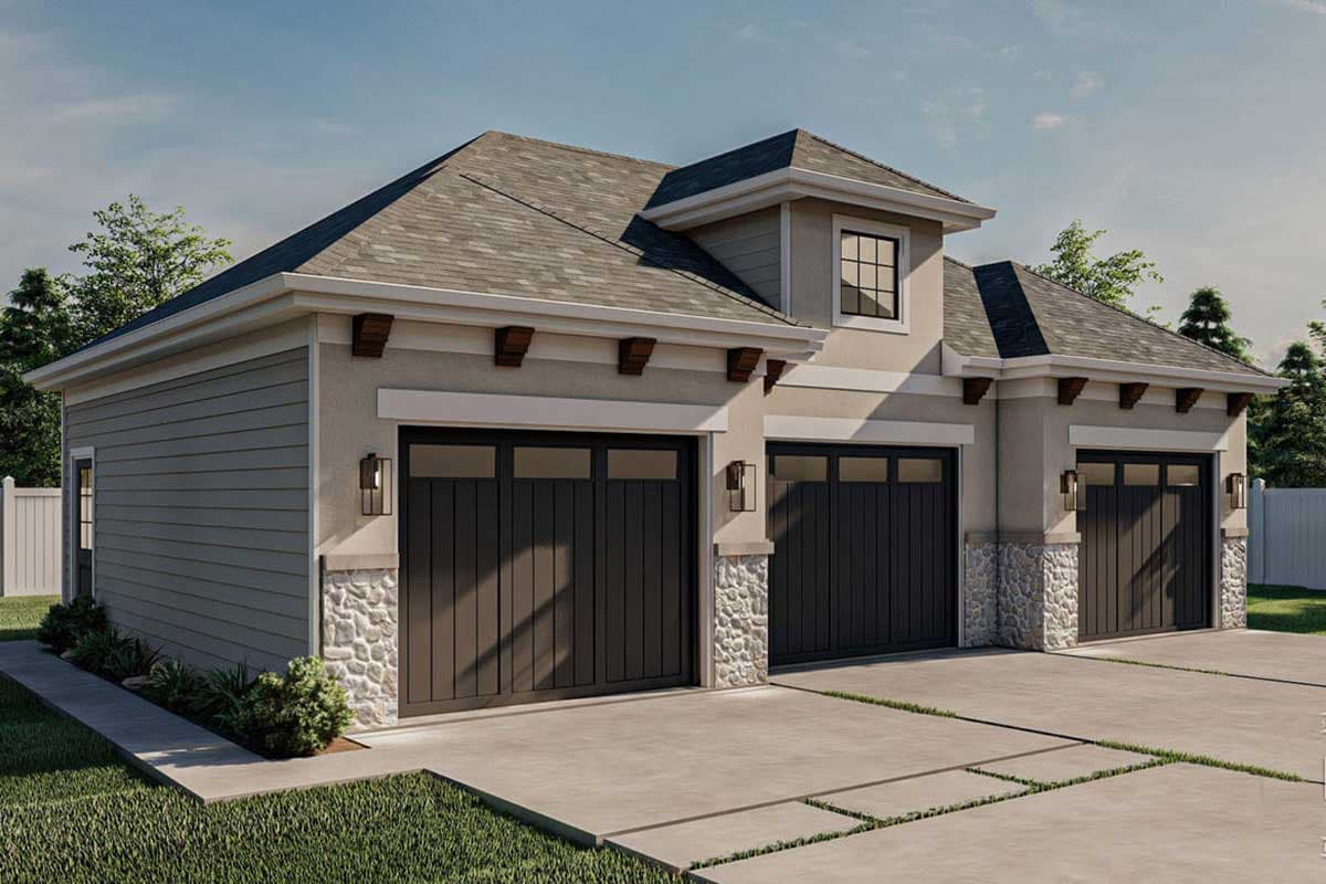 House plan exterior with a three-car garage, stone accents, horizontal siding, and decorative beam details under the eaves.