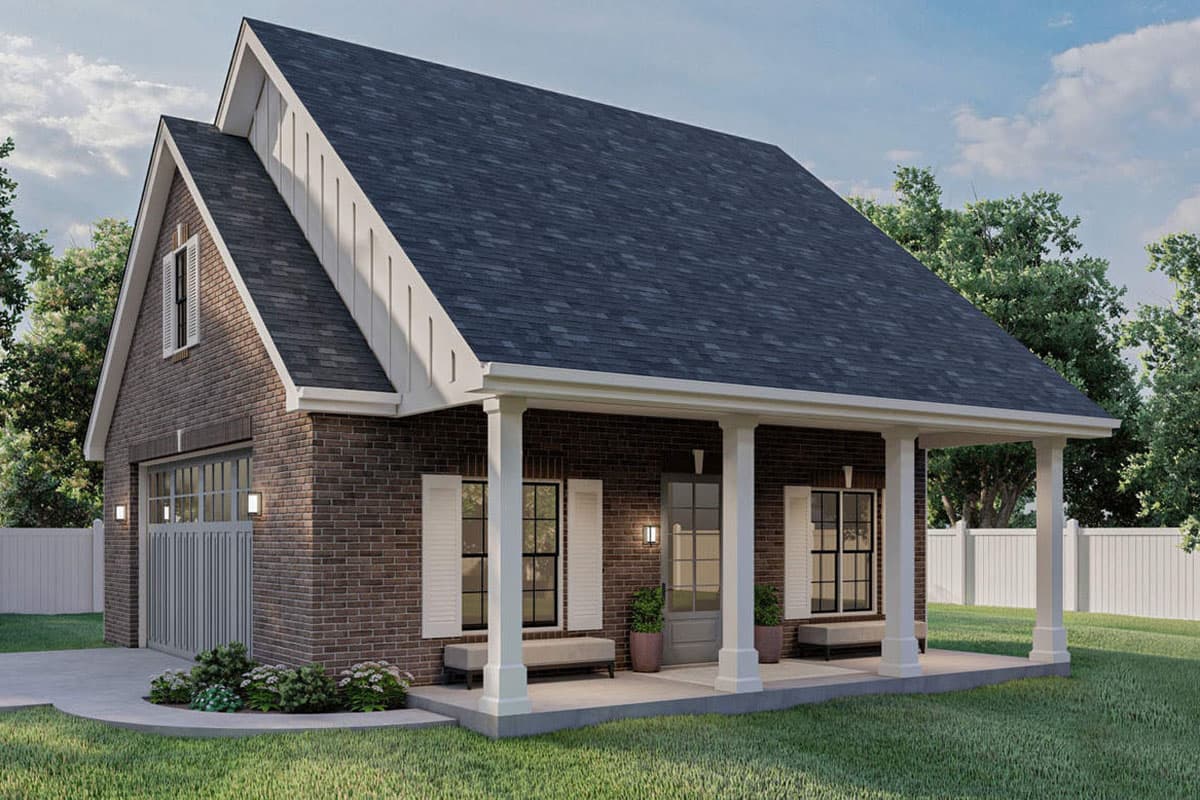 House plan exterior with brick facade, gabled dormer, covered front porch with columns, and attached garage.
