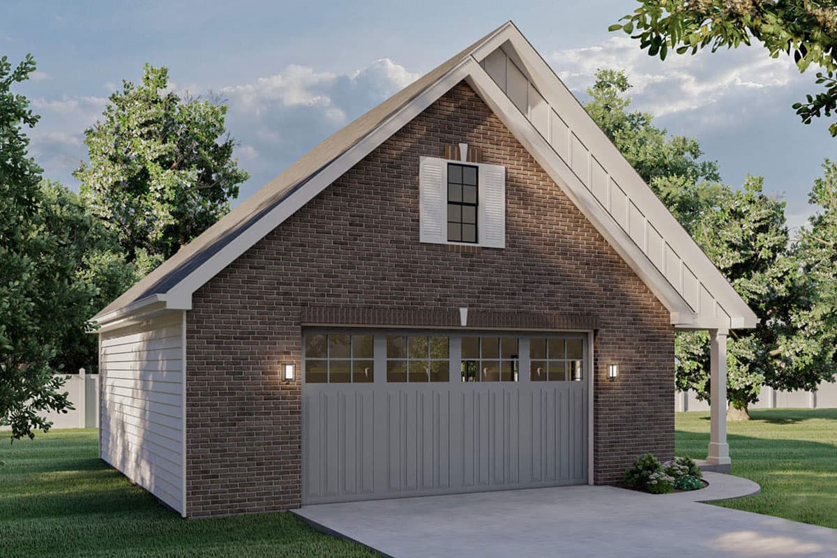 House plan exterior of a two-story Modern Farmhouse garage with brick facade, white siding, gable roof, and paneled garage door.