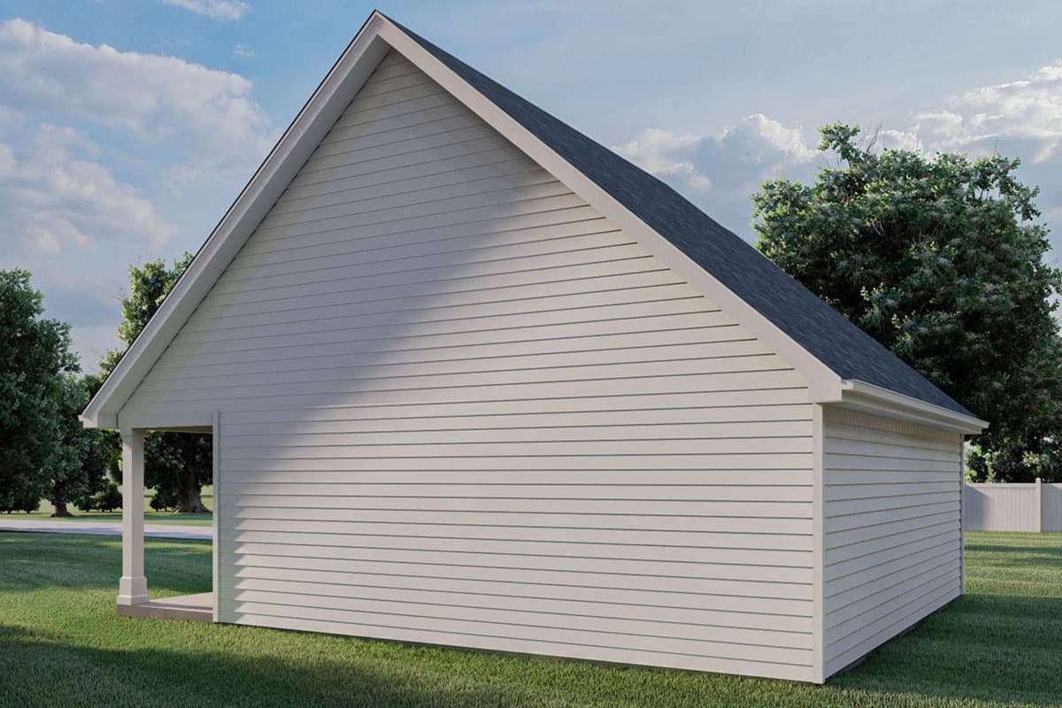 House plan exterior view showing a simple gable roofline, white horizontal siding, and a covered porch with a single support column.