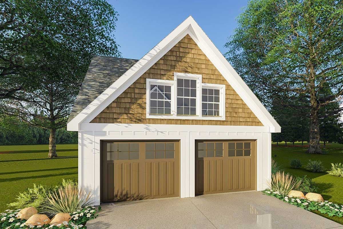 House plan exterior of a two-car garage with shingle siding, gables, and multi-pane windows above the garage doors.