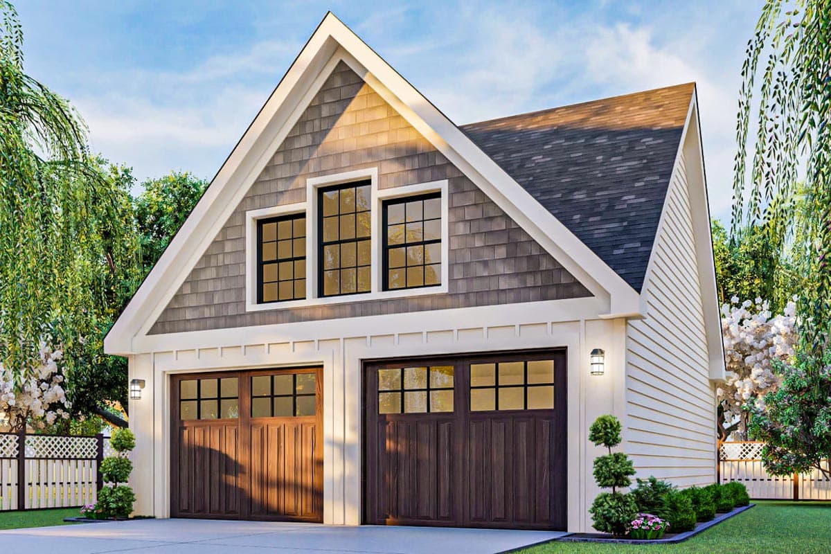 House plan exterior featuring Craftsman-style design. Two-car garage with gabled roofline. Features include a shingled gable and grid windows.