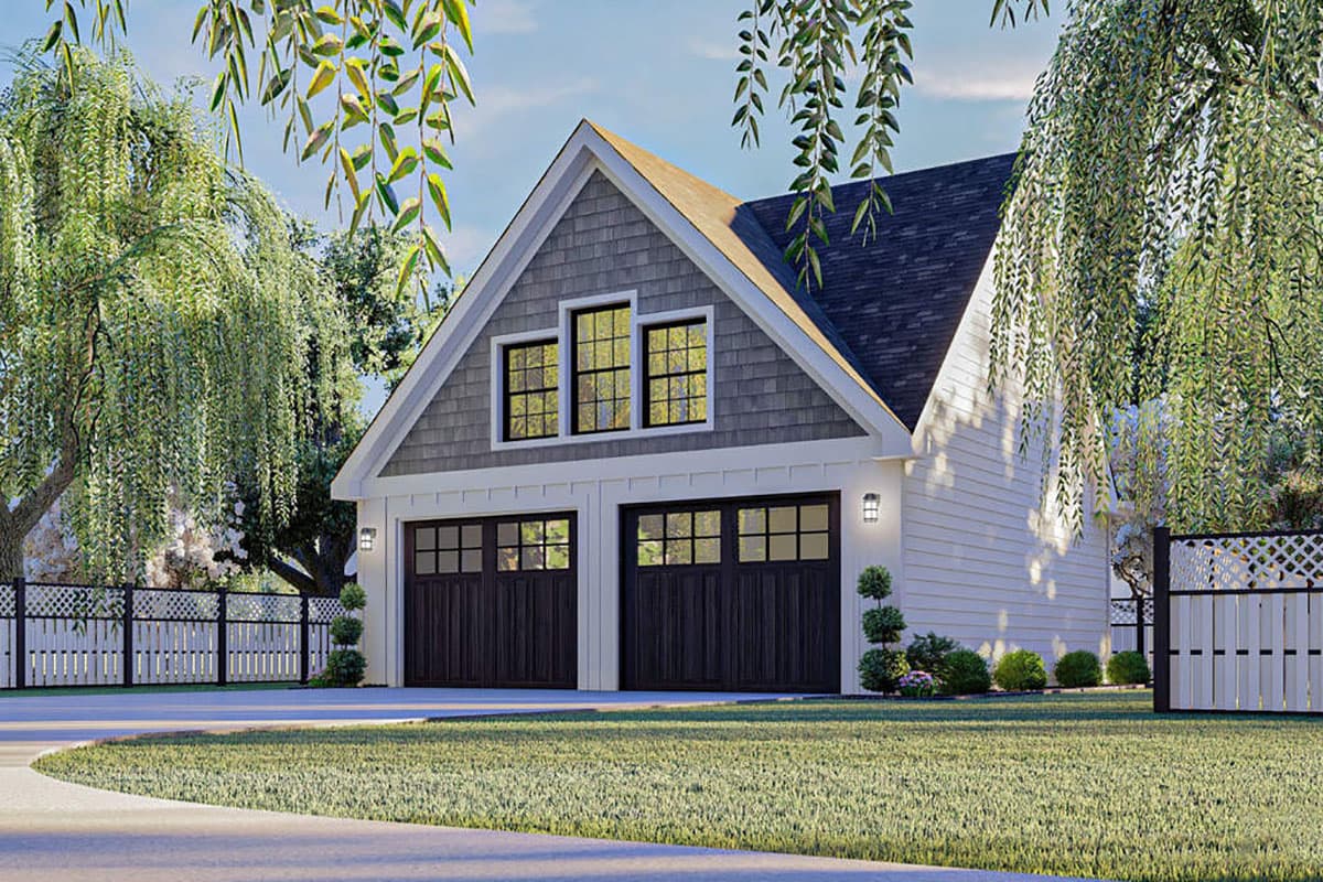 House plan exterior with two-car garage, front gable, shingle siding, and dormer windows.
