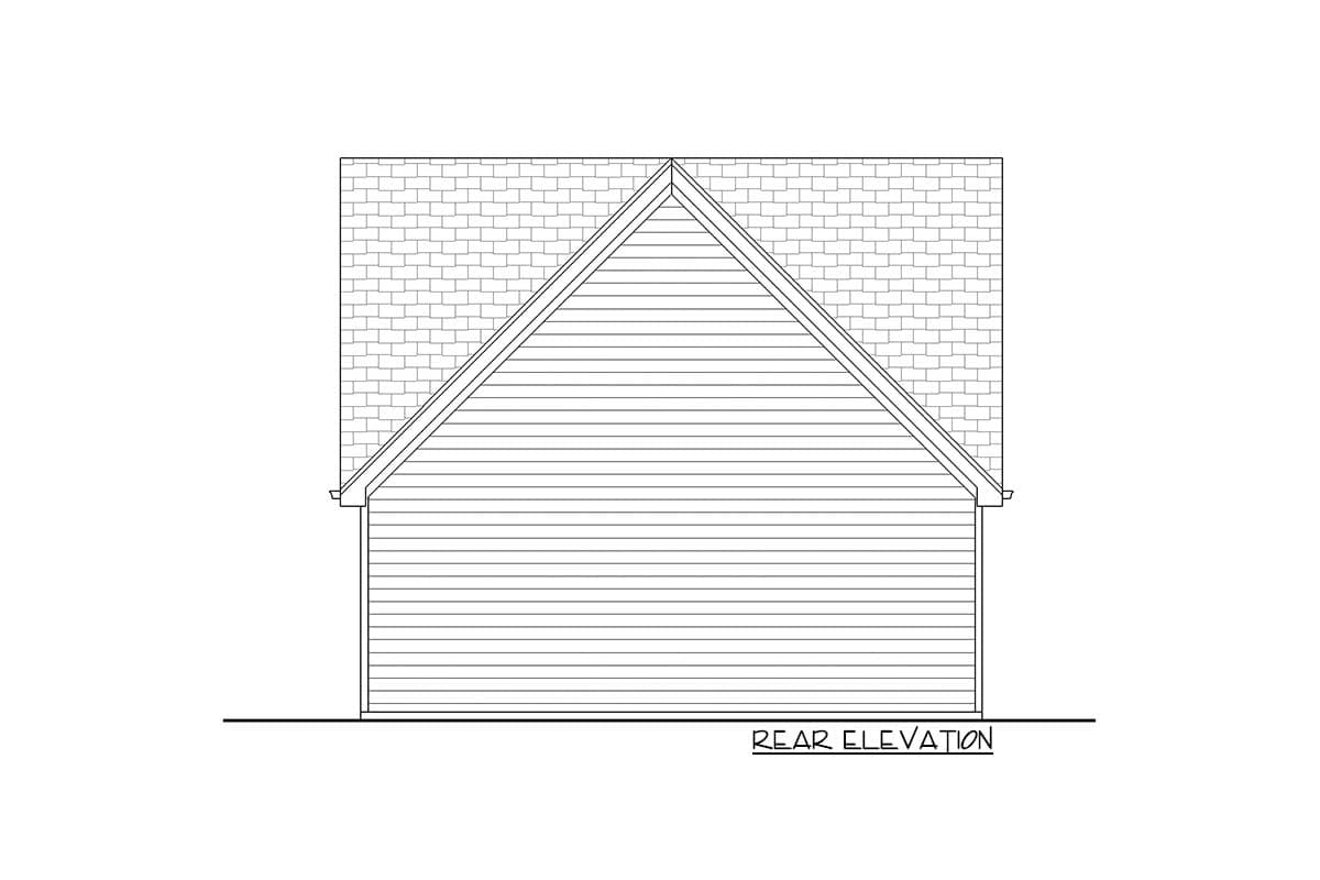 Rear elevation drawing showing horizontal siding and a gable roof with brick detail.