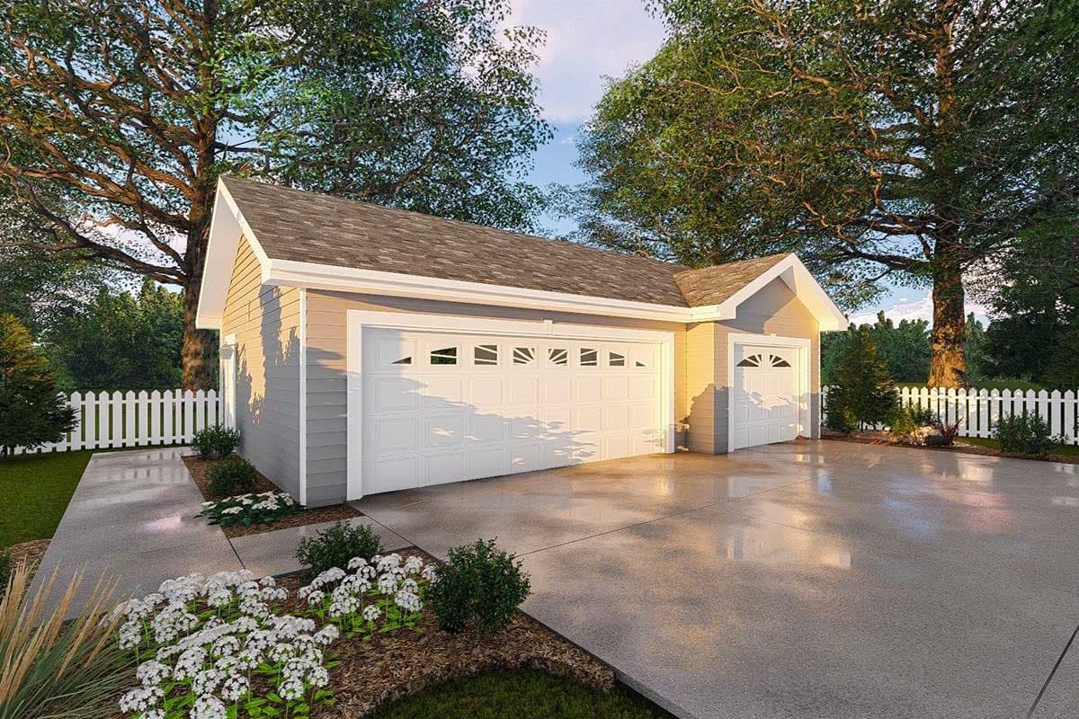 House plan exterior featuring a two-car garage and one-car garage with gable dormers and windows.