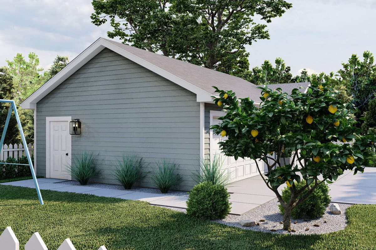 House plan exterior: One-story structure with vinyl siding, gable roof, single front door, and an attached garage with a two-car door.