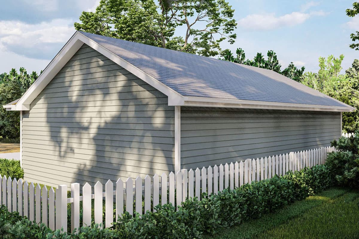 House plan exterior, single-story building with a gable roof, horizontal siding, and white trim.