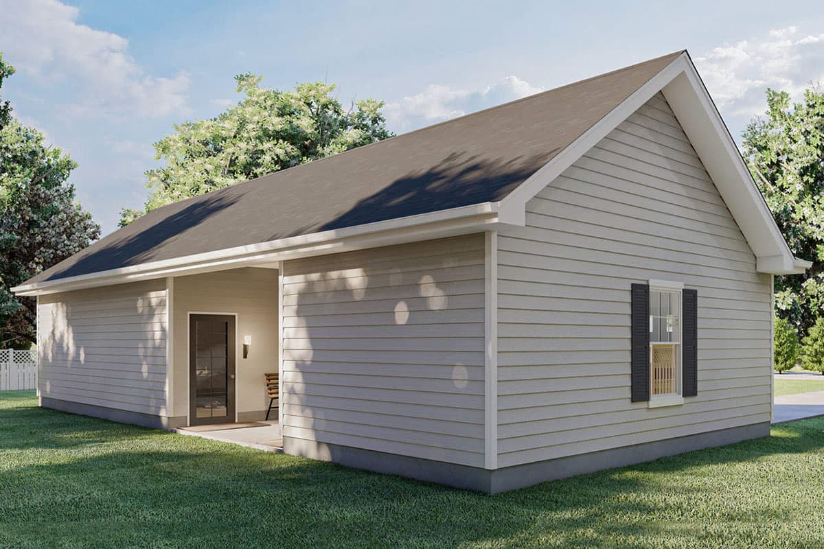 House plan exterior: one-story home with vinyl siding, gable roof, covered entry with glass door, and one window with shutters.