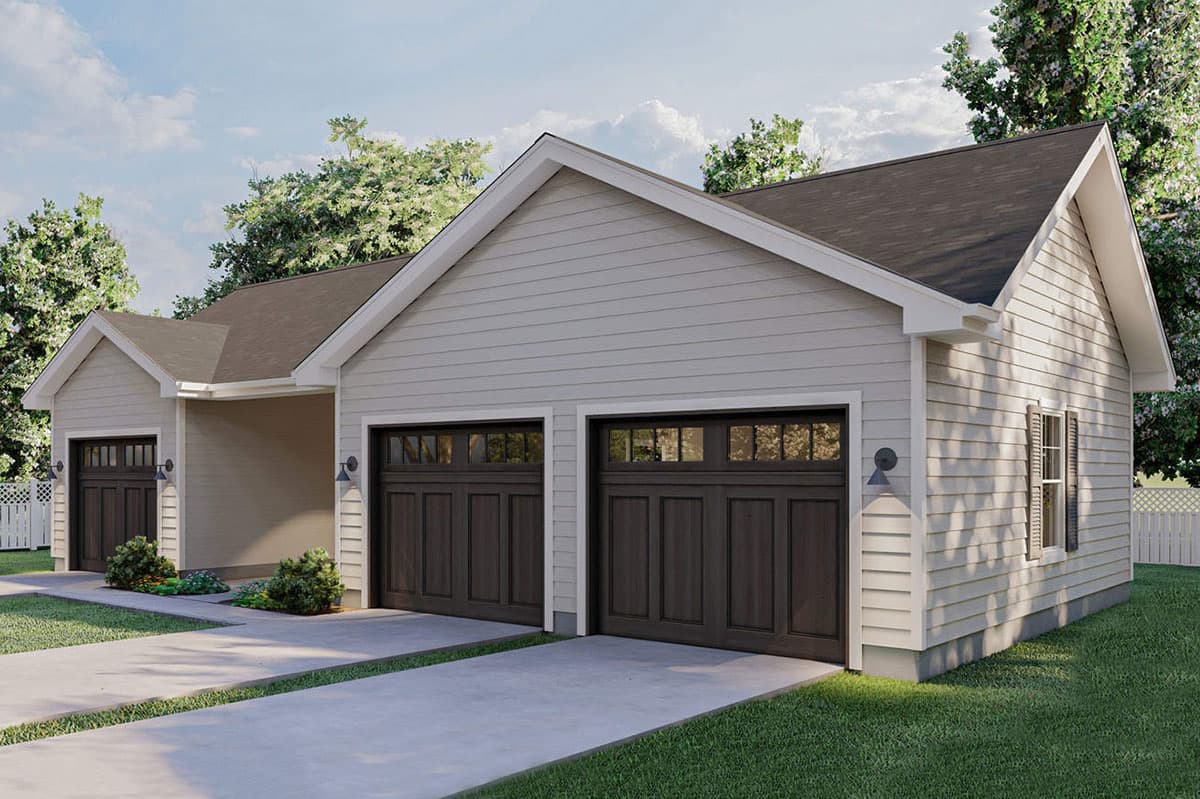 House plan exterior shows a single-story, light gray vinyl-sided building with a dark-paneled, multi-section garage.